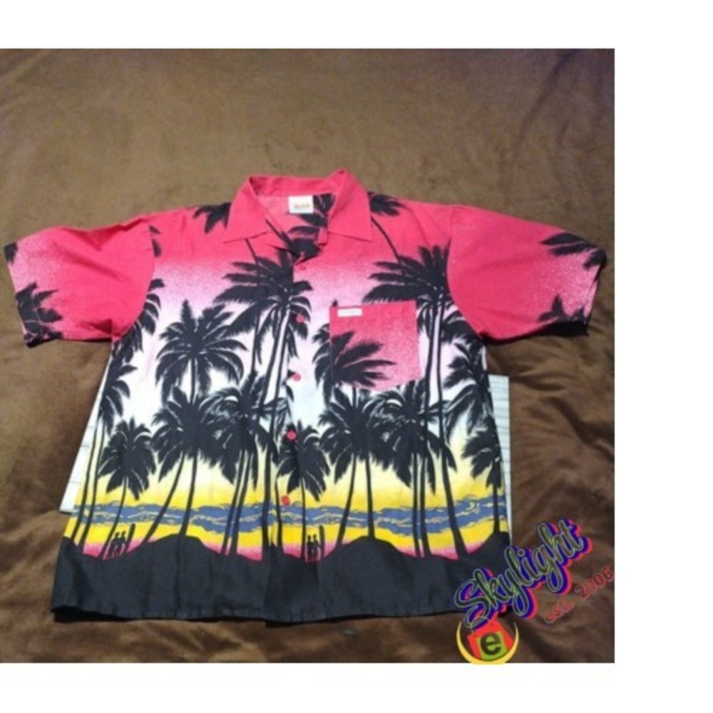 Dorsett Tee's Men Vintage Button Up Hawaiian Shirt Bahamas Palm Tree Sunset Sz M